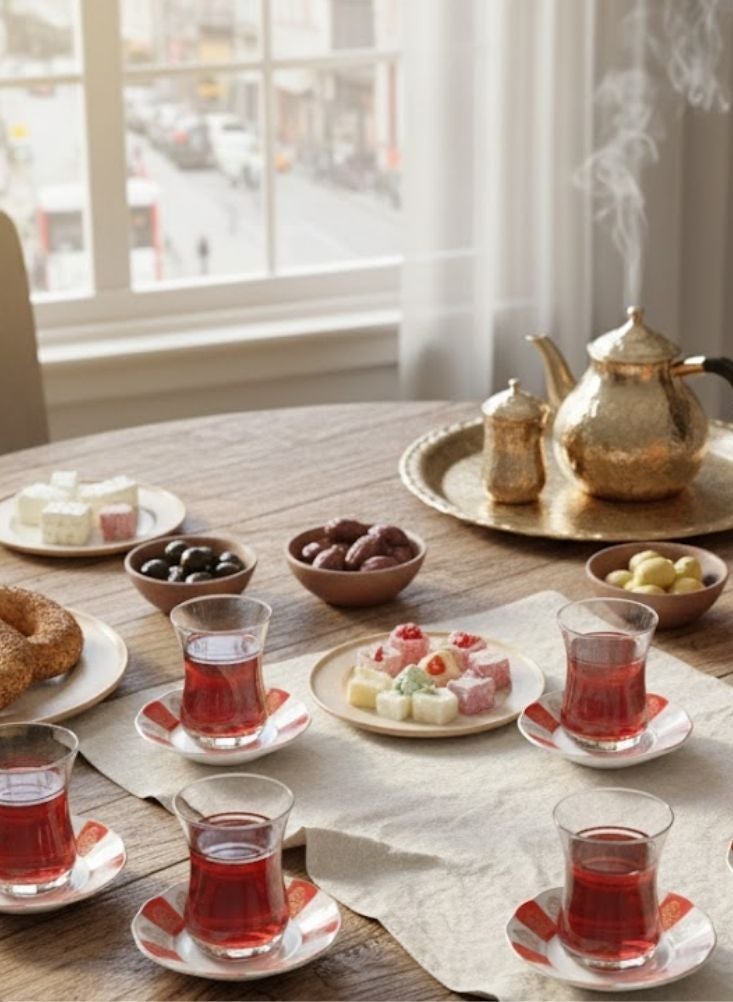 Premium Red Turkish Tea Glass Set with Matching Saucers – 6 Pcs Glass Tea Cups Set - Image 2